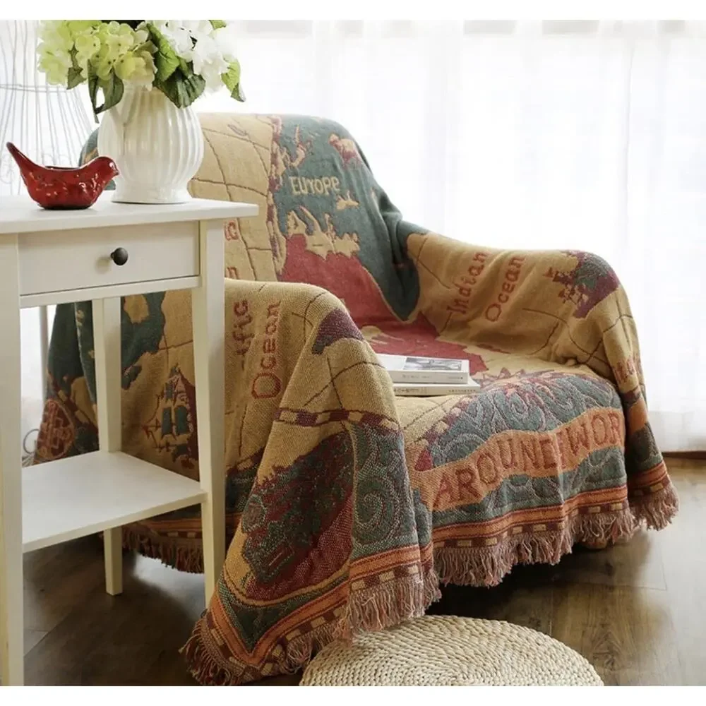 World Map Throw Blanket Wall Tapestry 3 Layers Cotton Woven Sofa Blanket 70x51”
